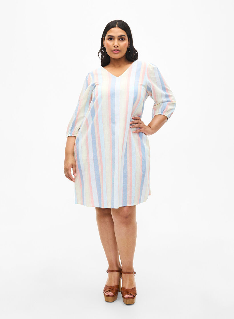 Robe courte en coton et lin mélangés, Multi Color Stripe, Model image number 2