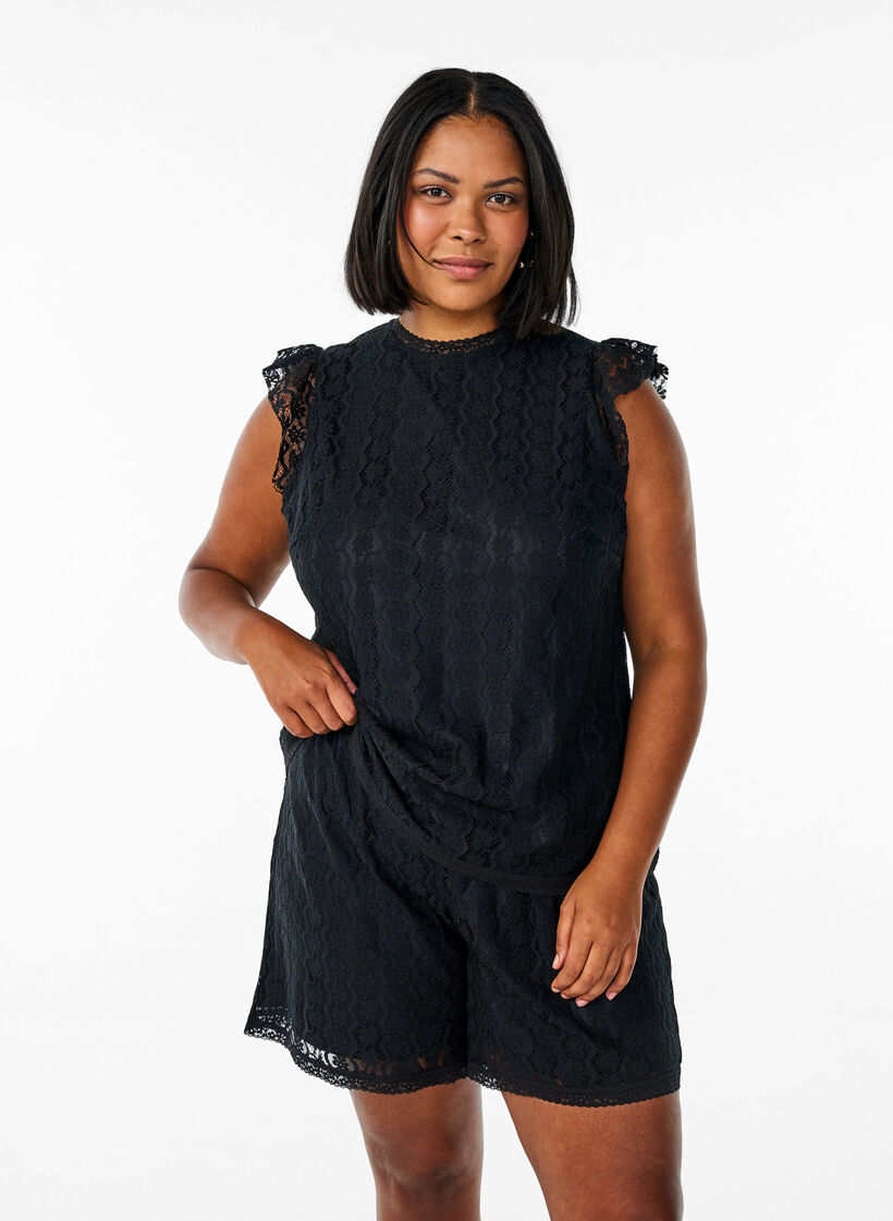 Spitzentop mit Rüschendetails, Schwarz, Model image number 0