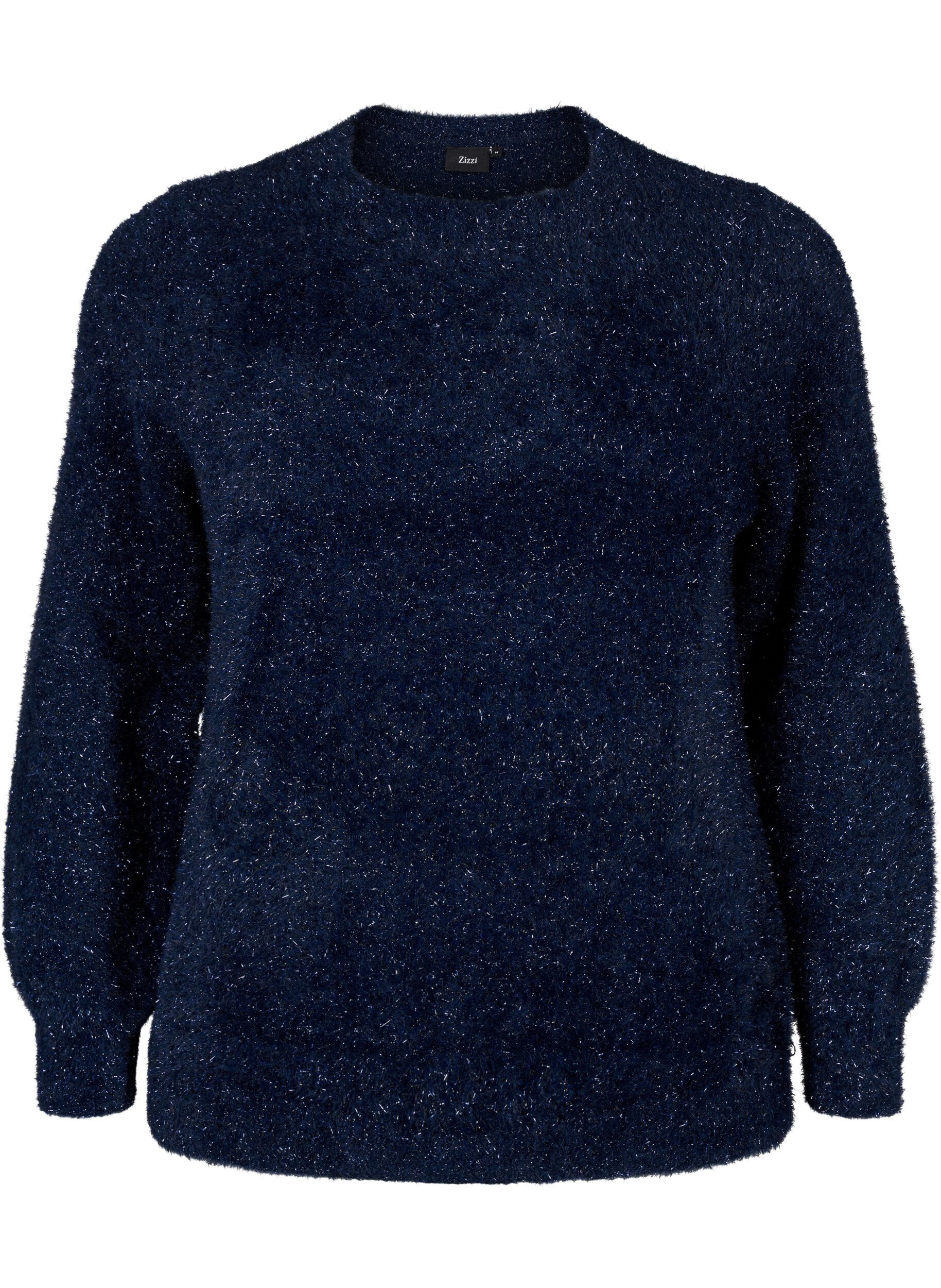 Zizzi  Strickbluse mit Glitzerfaden, Blau, Packshot image number 0