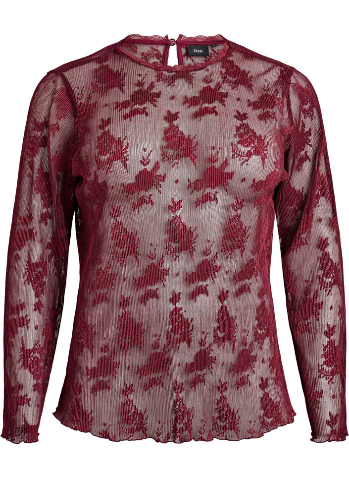 Blouse en maille à manches longues avec motif en dentelle, Bordeaux foncé, Packshot image number 0