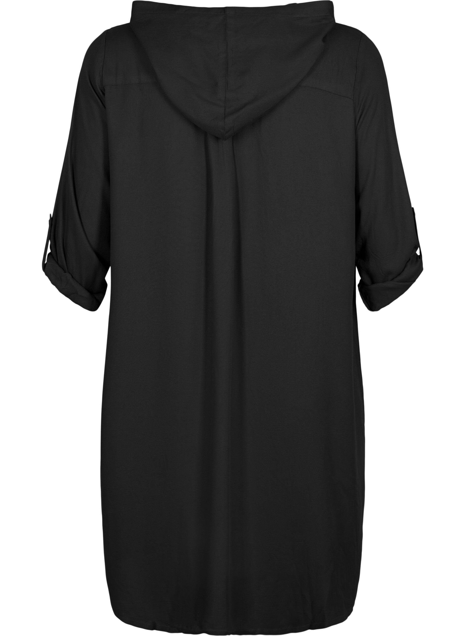 Zizzi Robe chemise en viscose avec capuche et manches 3/4, Black, Packshot image number 1
