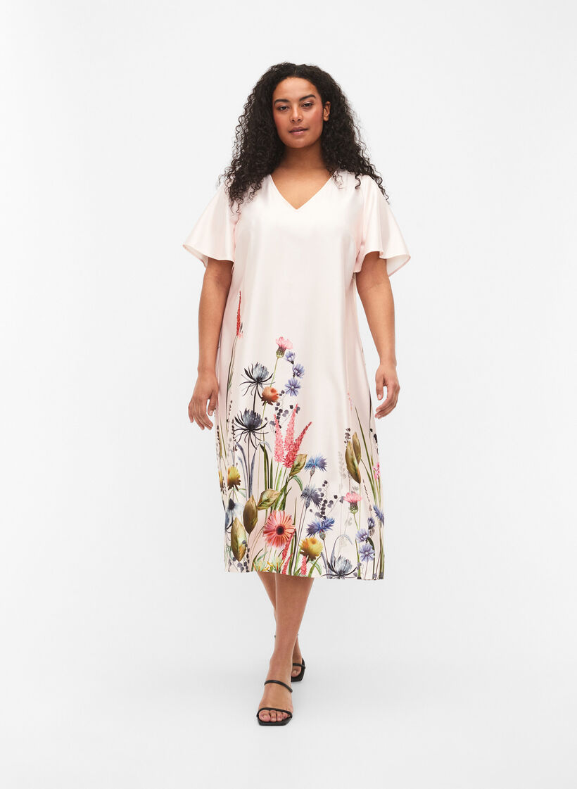 Robe à la taille avec imprimé floral et manches courtes, White Sand, Model image number 0
