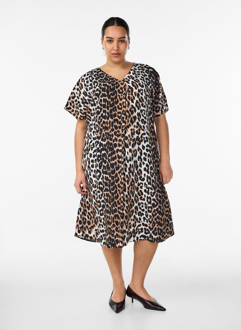 Kleid aus Viskose mit V-Ausschnitt, Braun, Model image number 0