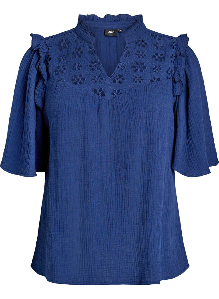 Bluse aus Baumwoll-Musselin mit Broderie Anglaise und 1/2-&Auml;rmeln, Blau, Packshot image number 0