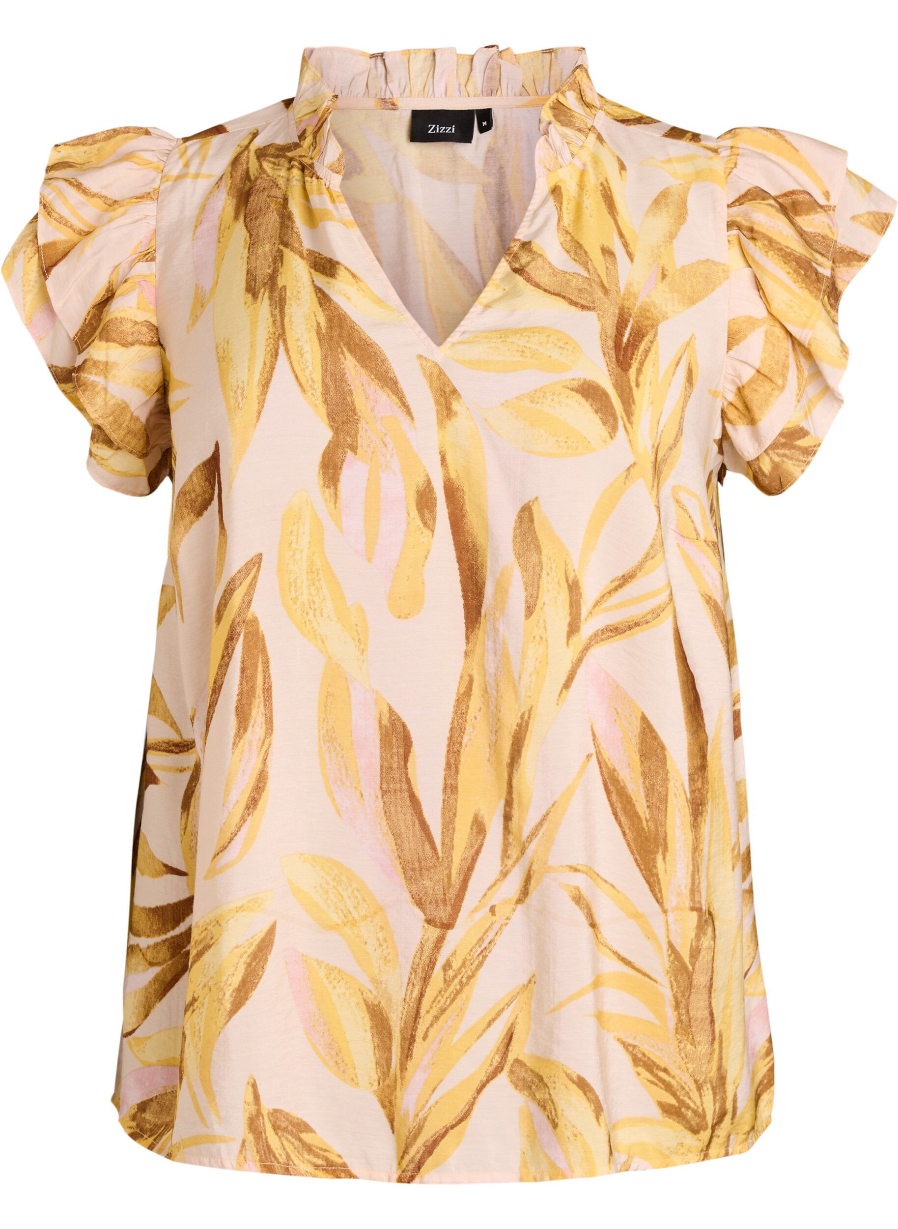 ZizziBlouse en viscose &agrave; imprim&eacute; feuillage avec volants, Jaune, Packshot image number 0
