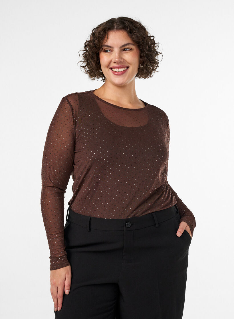 Blouse en maille transparente avec strass, Marron, Model image number 0