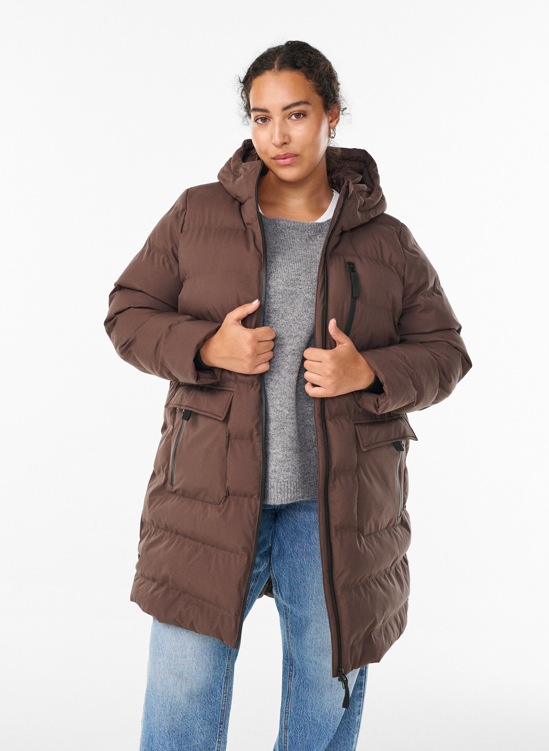 ZizziDoudoune avec capuche et poches, Marron, Model image number 0