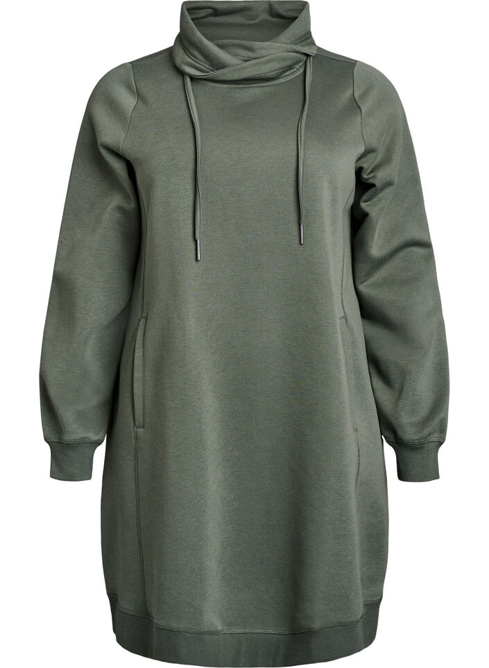 FLASH - Robe sweat-shirt courte à col montant et poches, Vert, Packshot image number 0