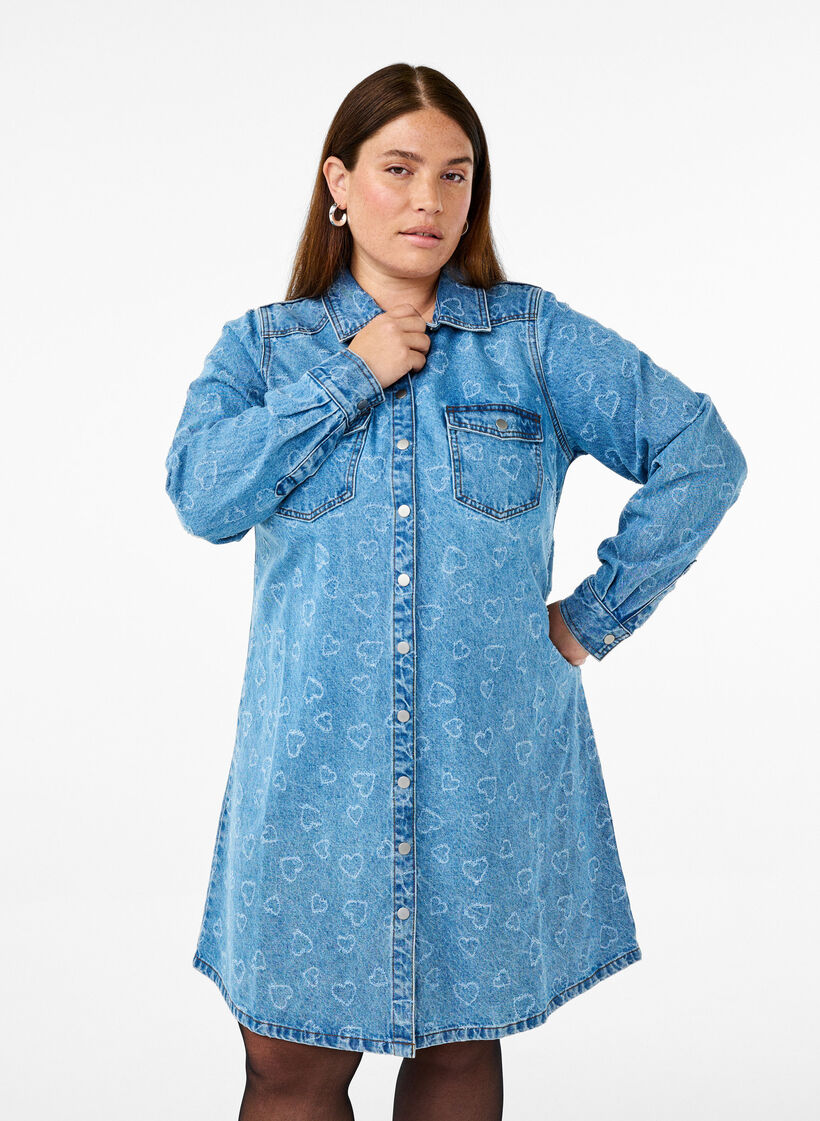 Robes en denim avec motif cœur, Bleu, Model image number 0