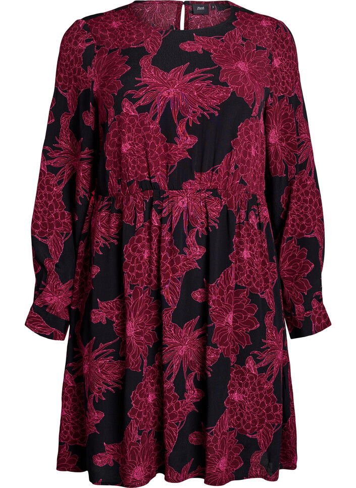 Robe en viscose avec imprimé et manches longues., Bordeaux foncé, Packshot image number 0