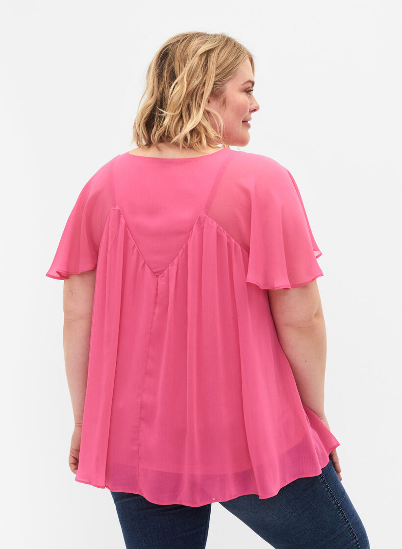 Einfarbige Bluse mit Fledermausärmeln und V-Ausschnitt, Shocking Pink, Model image number 1