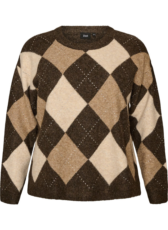 Haut en maille avec motif losanges et strass, Marron, Packshot image number 0