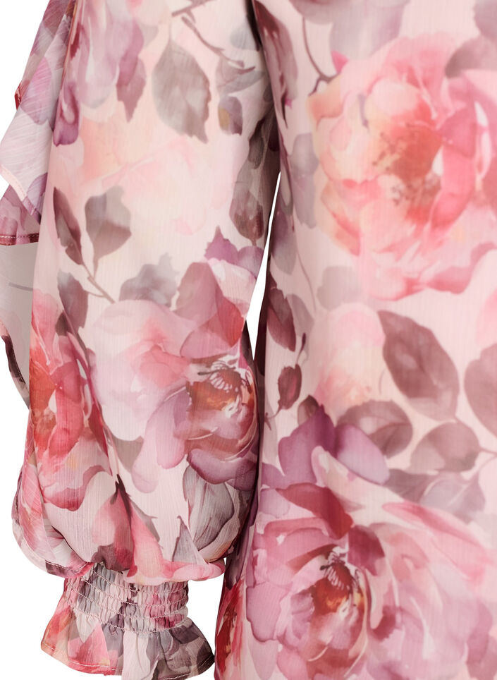 Blouse fleurie avec col en V et manches &agrave; volants, Rose, Packshot image number 3