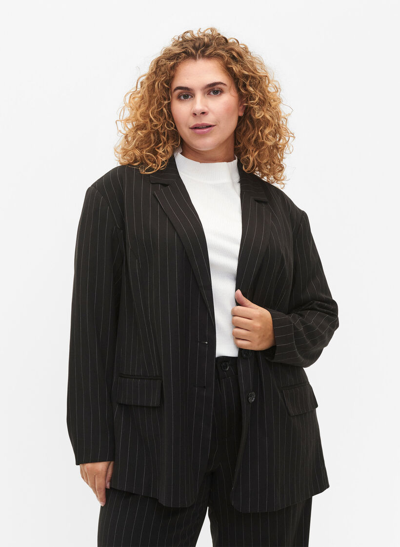 Pinstripe Blazer, Black W. Pinstripe, Model image number 0