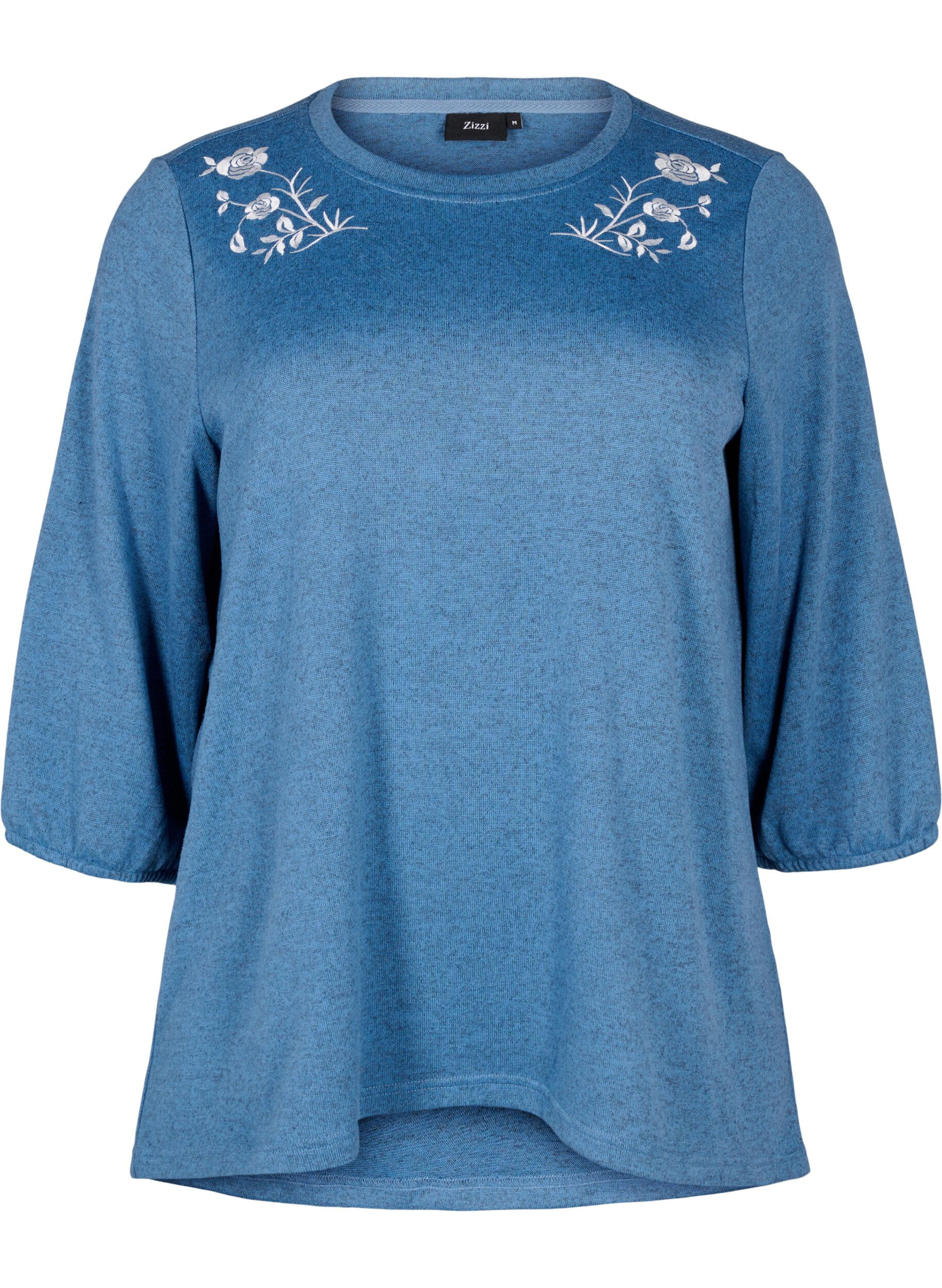 Zizzi Bluse mit floralen Stickereien und 3/4-&Auml;rmeln, Copen Blue Melange, Packshot image number 0