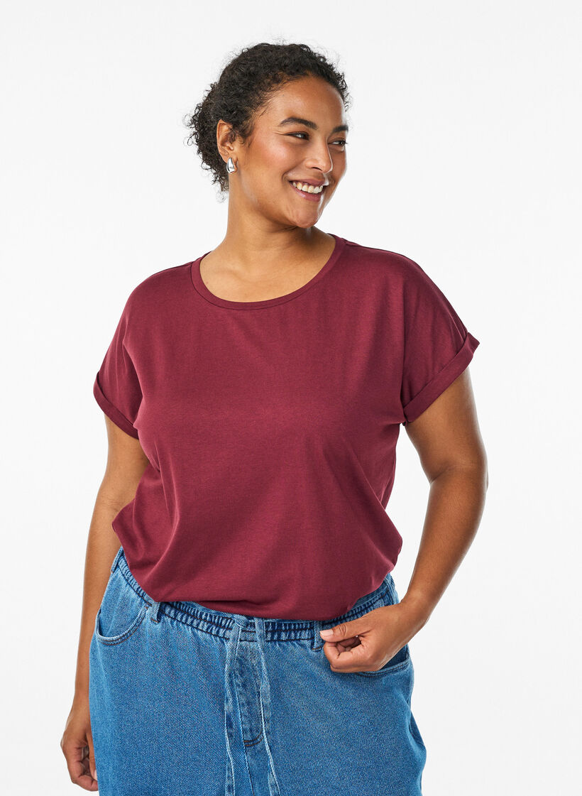 T-shirt &agrave; manches courtes en m&eacute;lange de coton, Bordeaux fonc&eacute;, Model image number 0