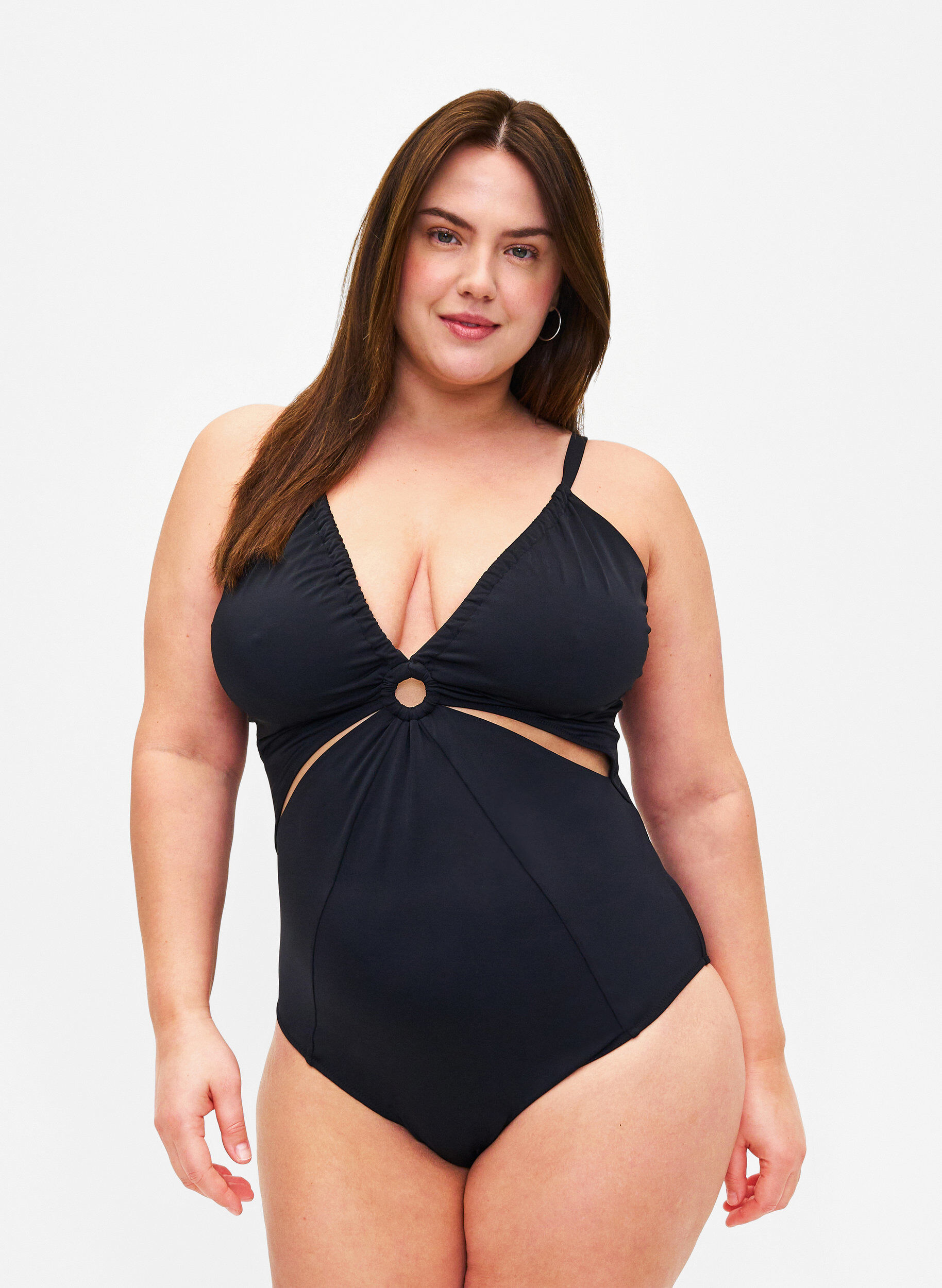 Zizzi Maillot de bain drap&eacute; avec d&eacute;tail d'anneau, Black, Model image number 0