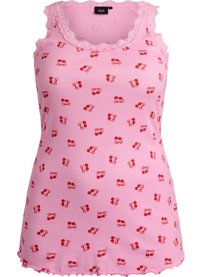 Oberteil mit Aufdruck und Spitzenborte, Pink, Packshot image number 0