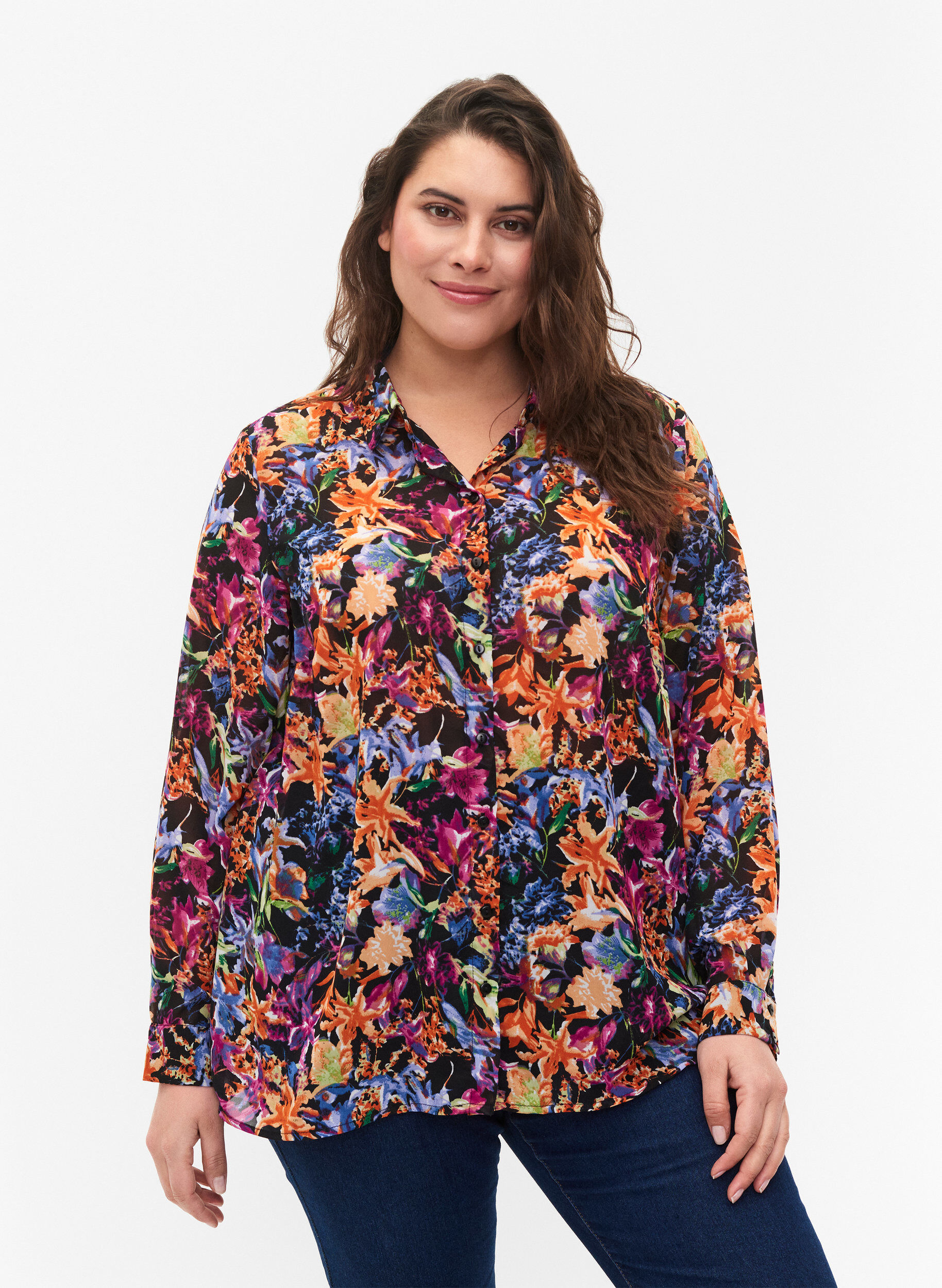 Zizzi FLASH - Chemise &agrave; manches longues avec imprim&eacute; floral, Orange Pink Flower , Model image number 0