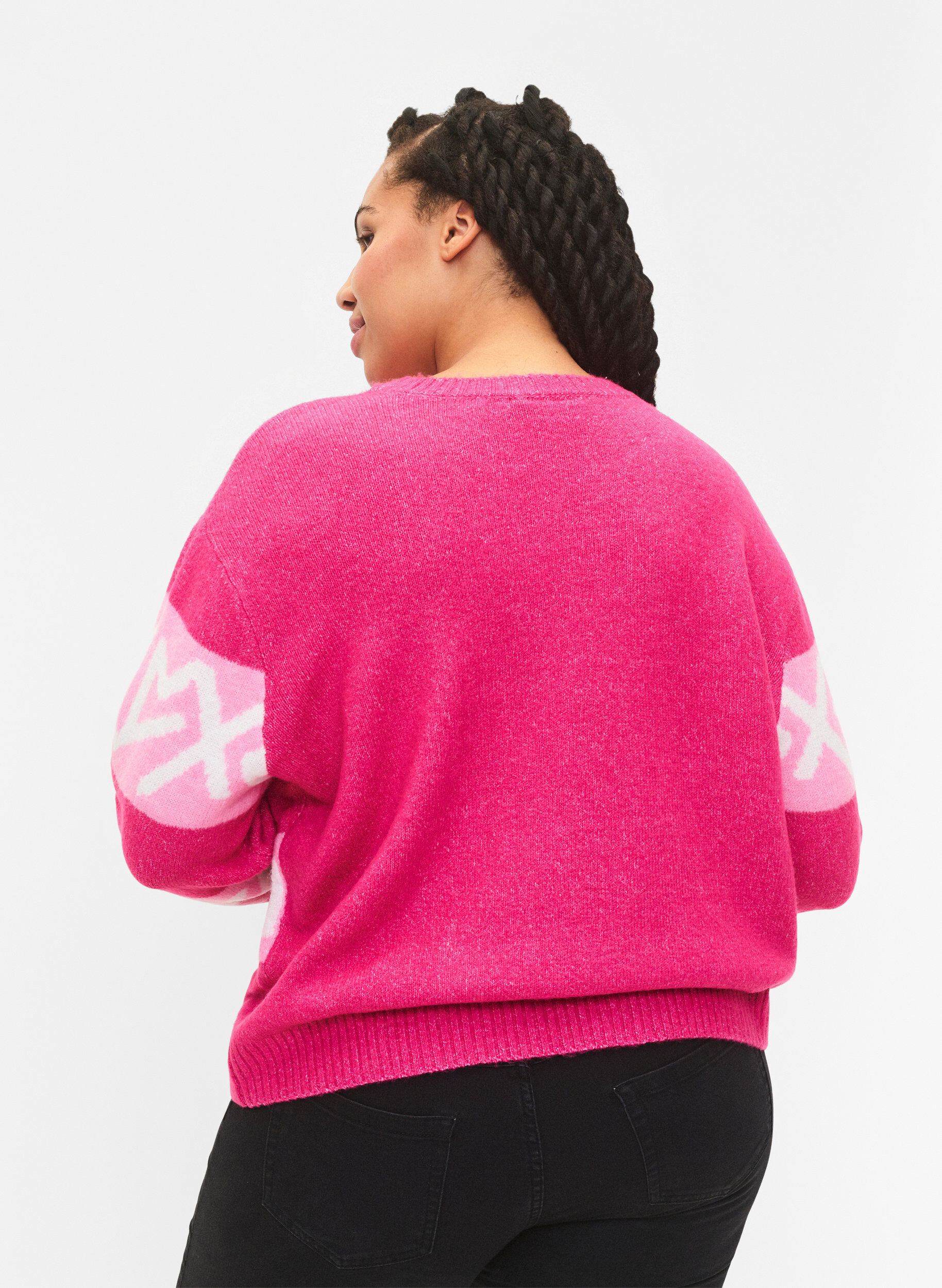 Zizzi Pull en maille ray&eacute; avec motif graphique, Raspberry Rose Comb, Model image number 1