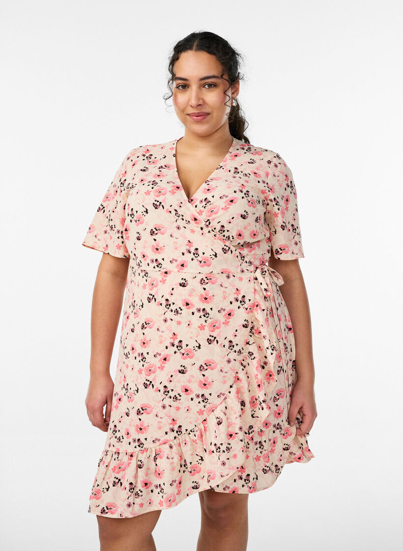 Blumiges Wickelkleid mit kurzen &Auml;rmeln, Rot, Model image number 0