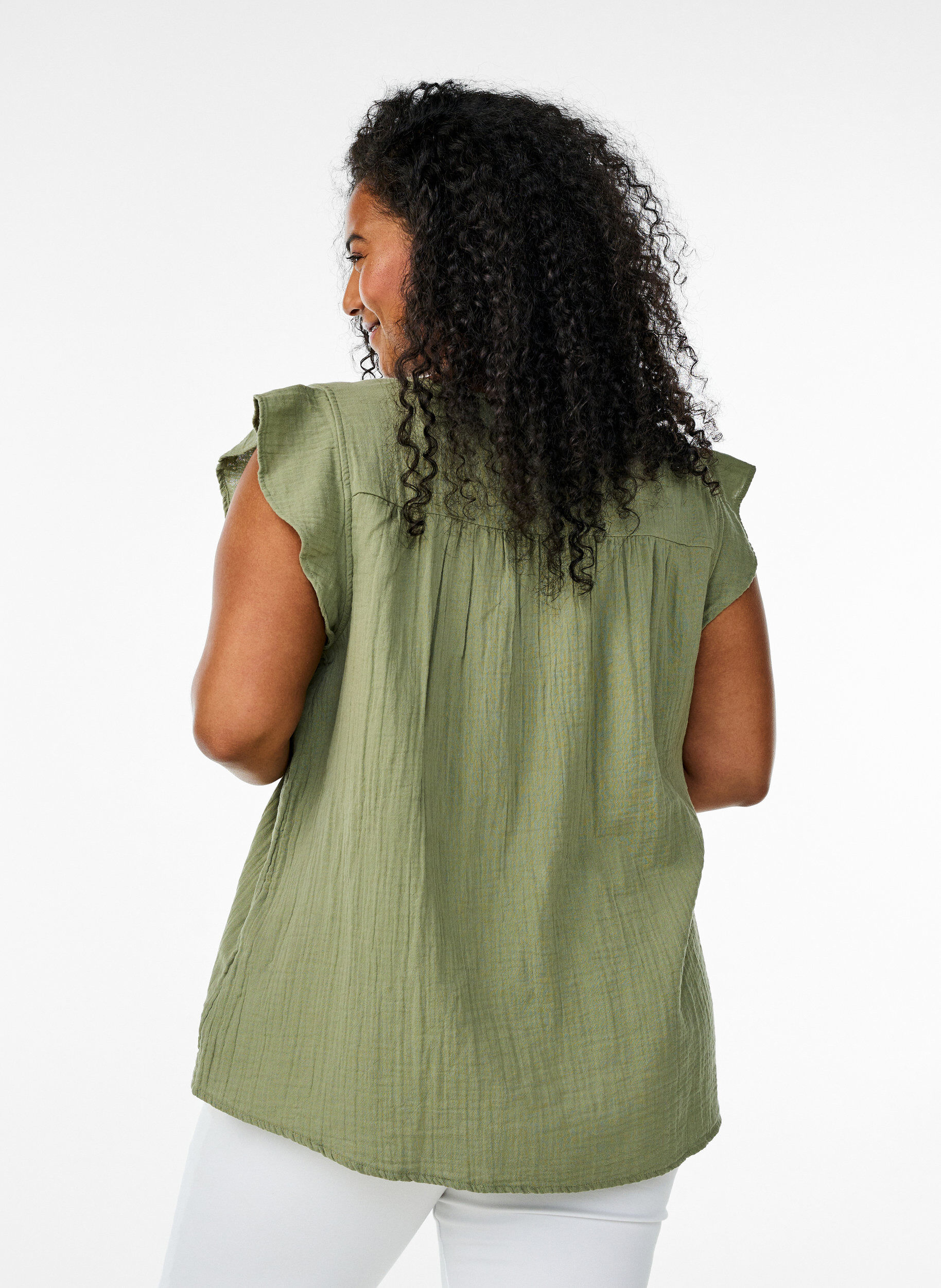 Zizzi Top sans manches en mousseline de coton avec volants, Vert, Model image number 2
