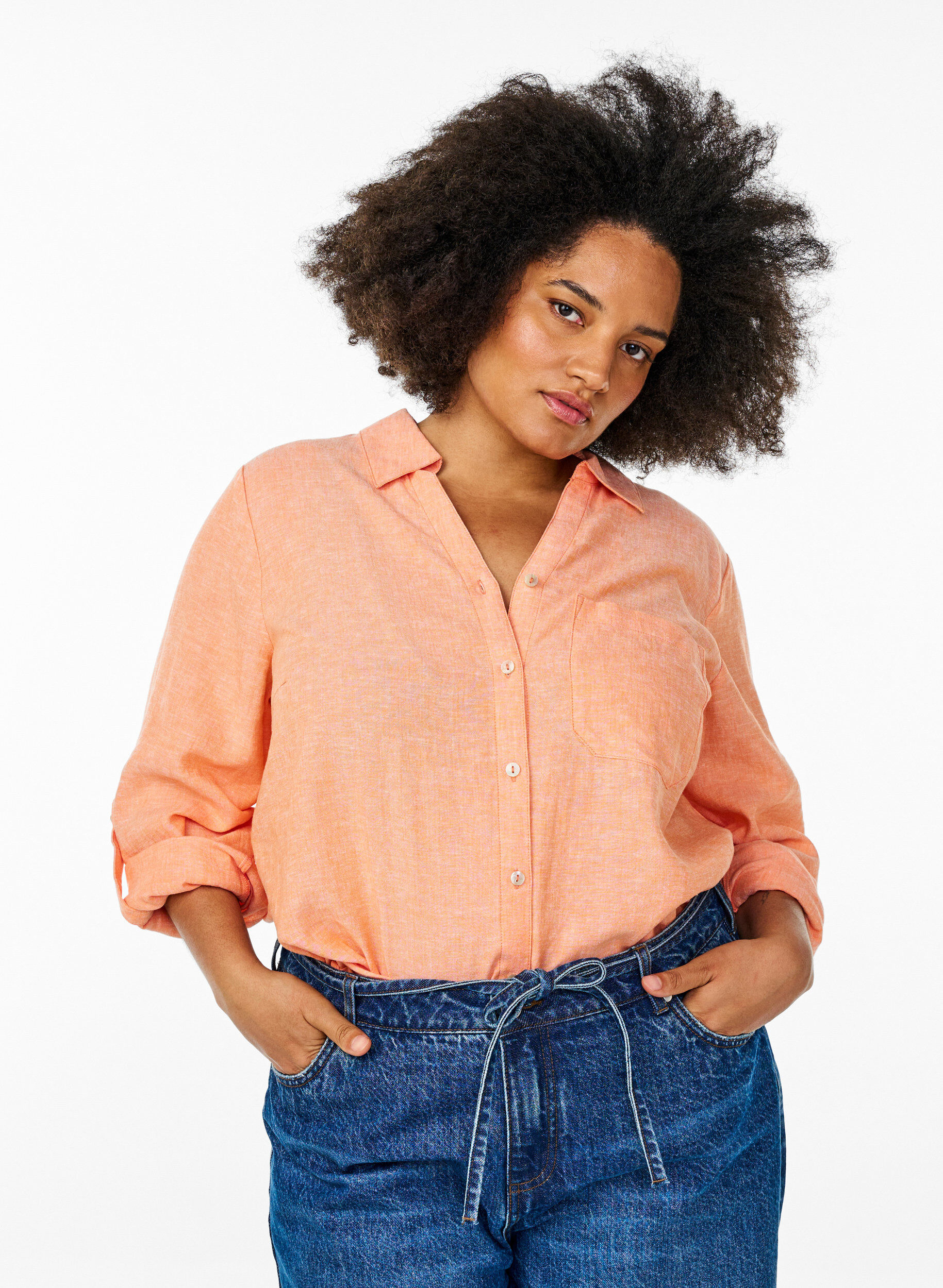 Zizzi Bluse aus Leinen und Viskose mit 3/4-&Auml;rmeln, Orange, Model image number 0
