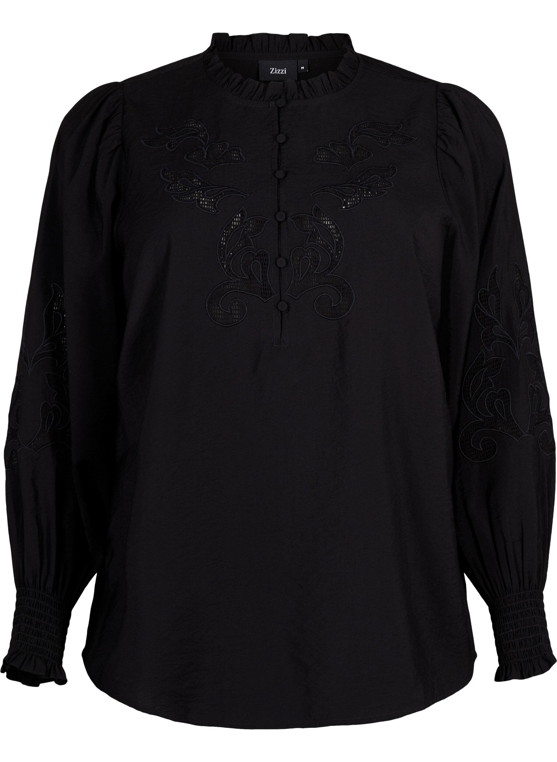 Zizzi Bluse mit R&uuml;schen und Lochstickerei, Black, Packshot image number 0