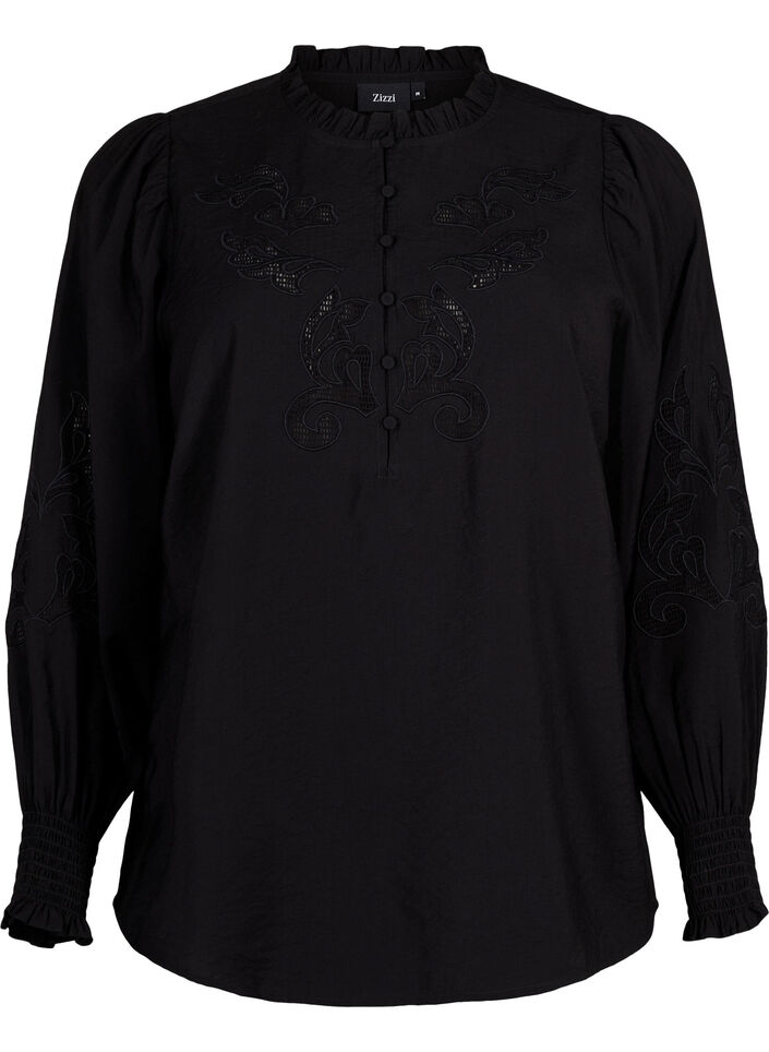 Bluse mit Rüschen und Lochstickerei, Black, Packshot image number 0