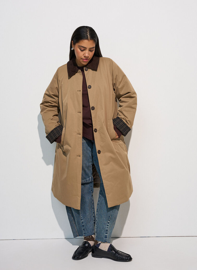 Mittellange Jacke mit Cordkragen, Beige, Model