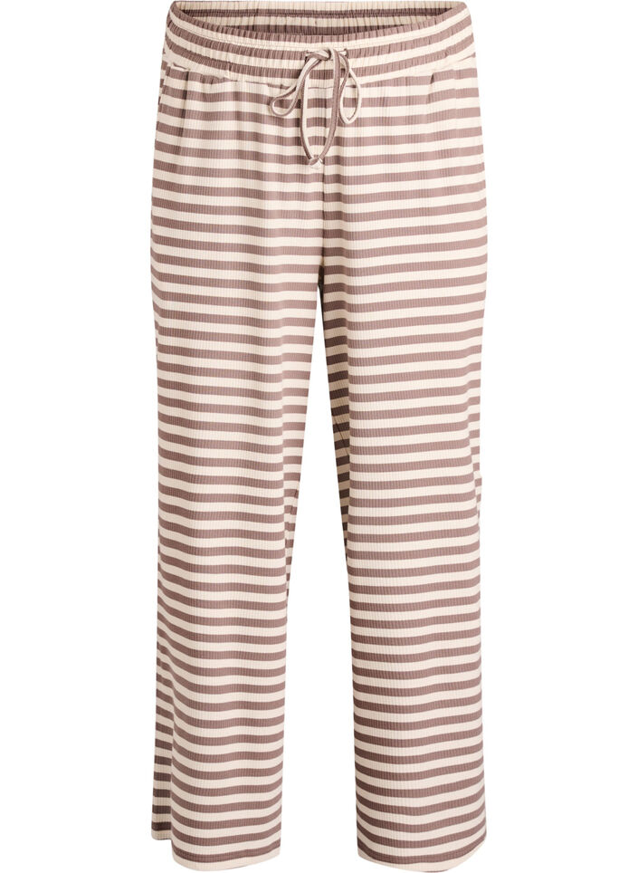 Gestreifte Schlafanzughose mit hoher Taille und weiten Beinen, Beige, Packshot image number 0