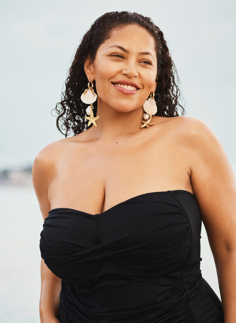 Maillot de bain bandeau avec drap&eacute; et bonnets rembourr&eacute;s, Noir, Image