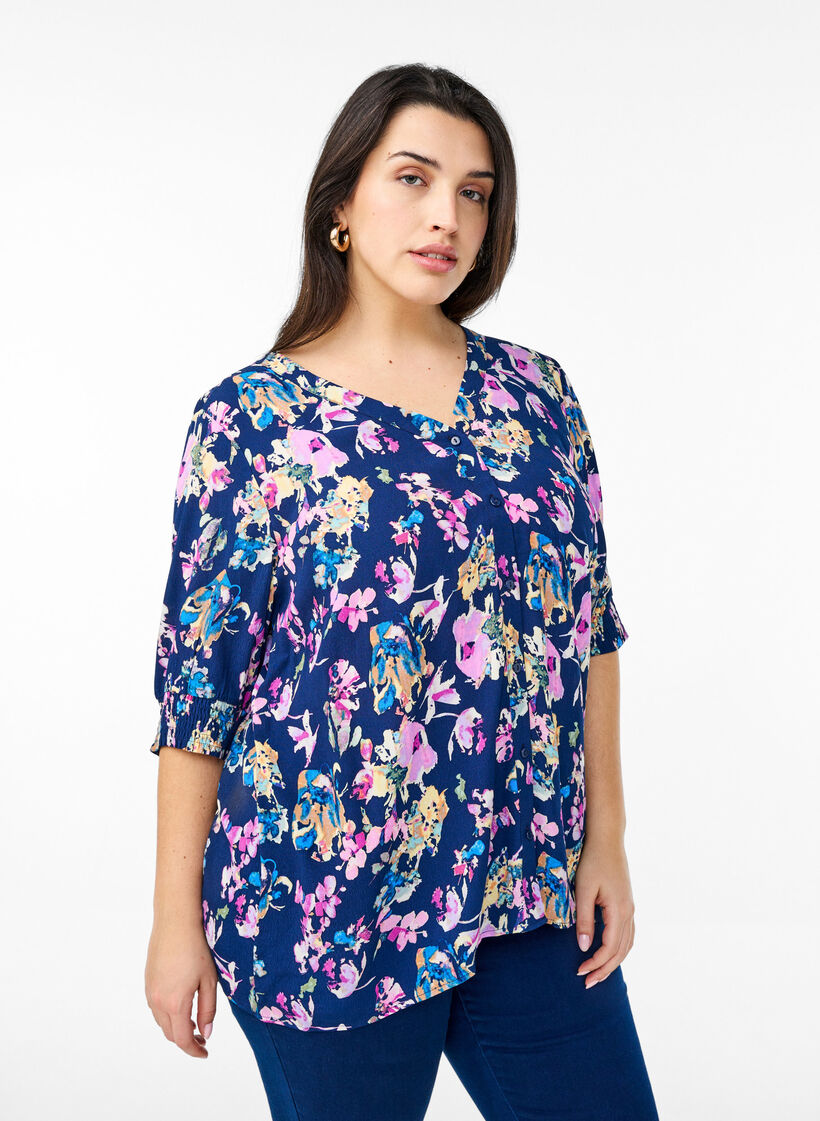 Kurzärmelige Bluse aus Viskose, Blau, Model image number 0