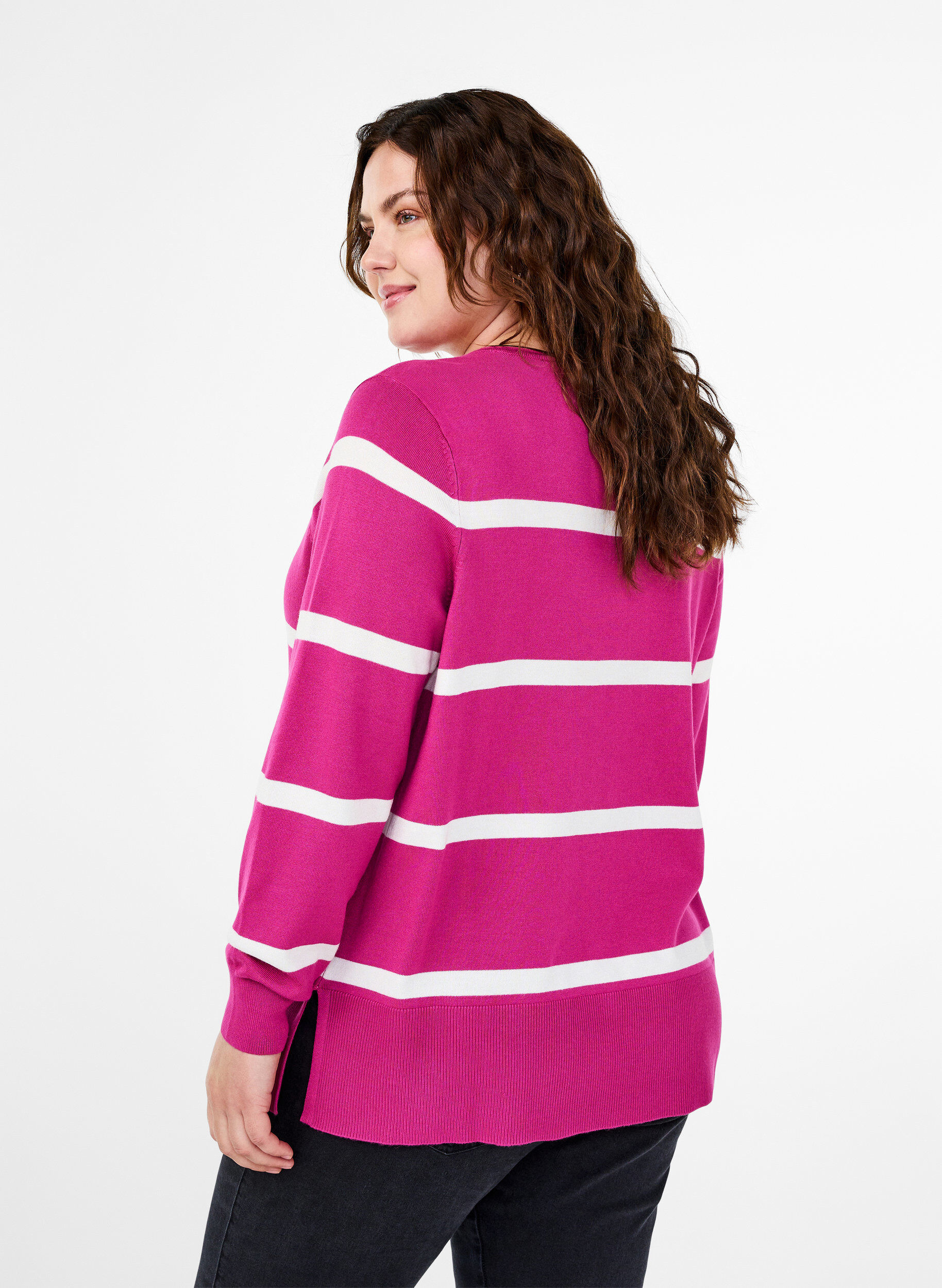 Zizzi Gestrickte Viskosebluse mit Streifen, Pink, Model image number 2
