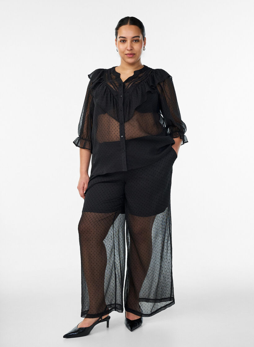 Pantalon ample en mousseline &agrave; pois, Noir, Model