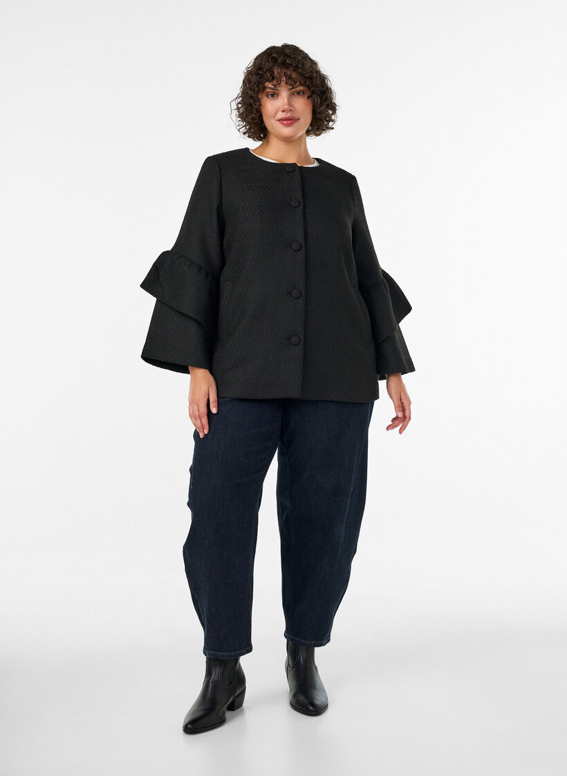Boucl&eacute;-Jacke mit R&uuml;schendetails, Schwarz, Model image number 1