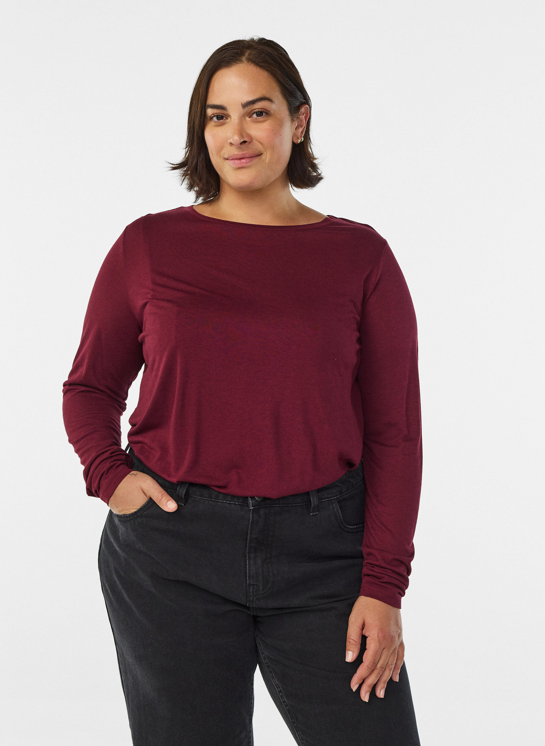 Zizzi Lang&auml;rmelige Bluse aus Wolle und Viskose, Dunkles Bordeaux, Model image number 0