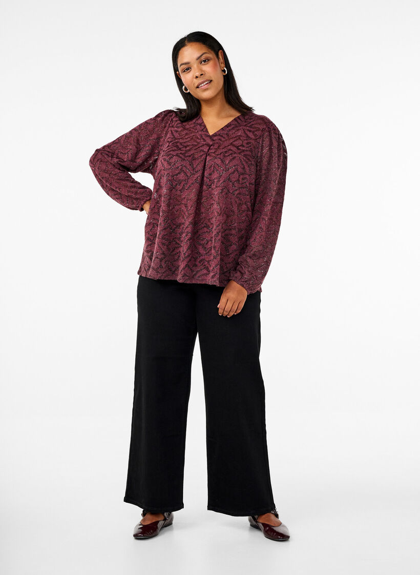 Chemisier à manches longues avec paillettes et motif, Bordeaux, Model image number 1