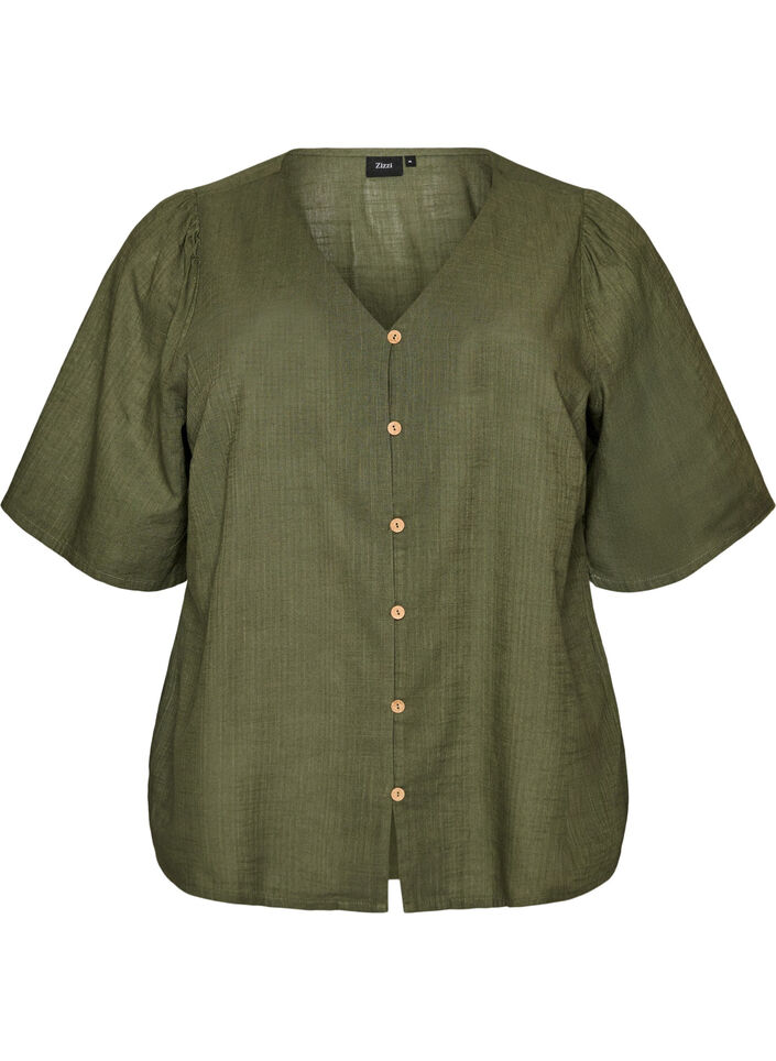 Kurz&auml;rmelige Bluse aus Baumwolle mit V-Ausschnitt, Gr&uuml;n, Packshot image number 0