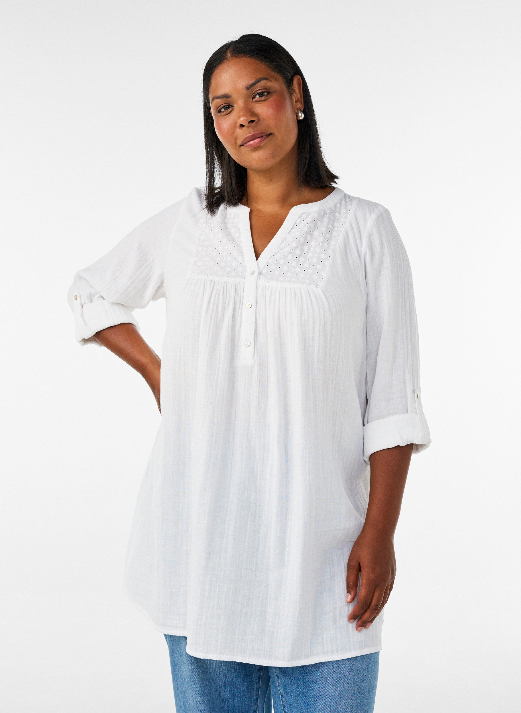 ZizziTunique en mousseline de coton avec broderie anglaise, Blanc, Model image number 0