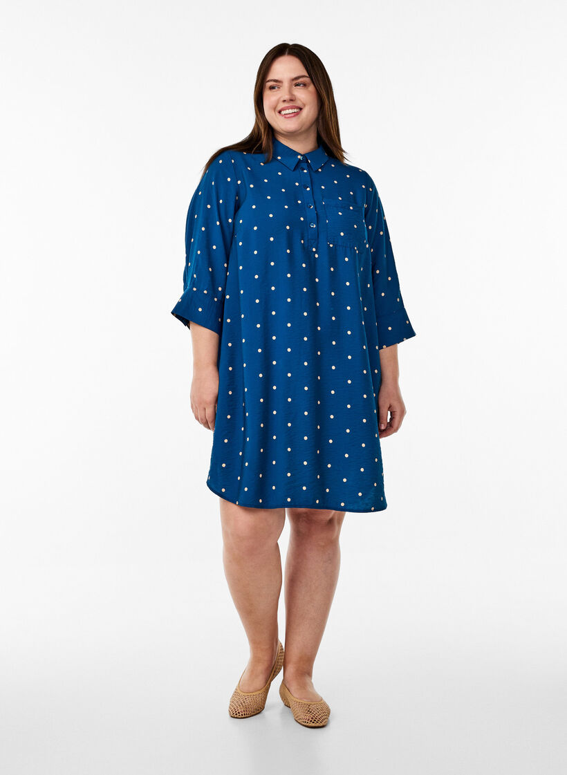 Kleid mit Kragen und Brusttasche, Blau, Model image number 1
