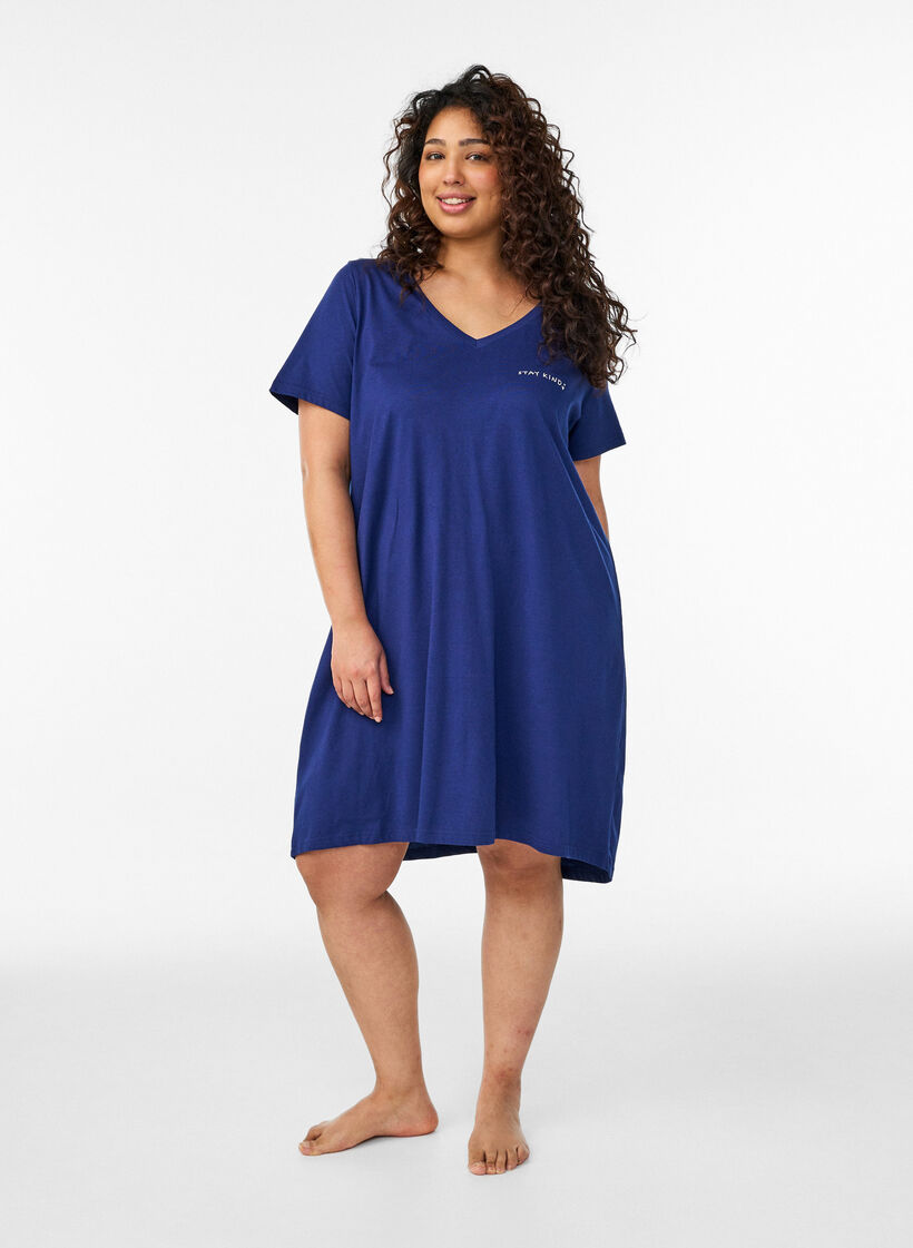 Chemise de nuit en coton biologique et &agrave; col en V, Bleu, Model image number 1