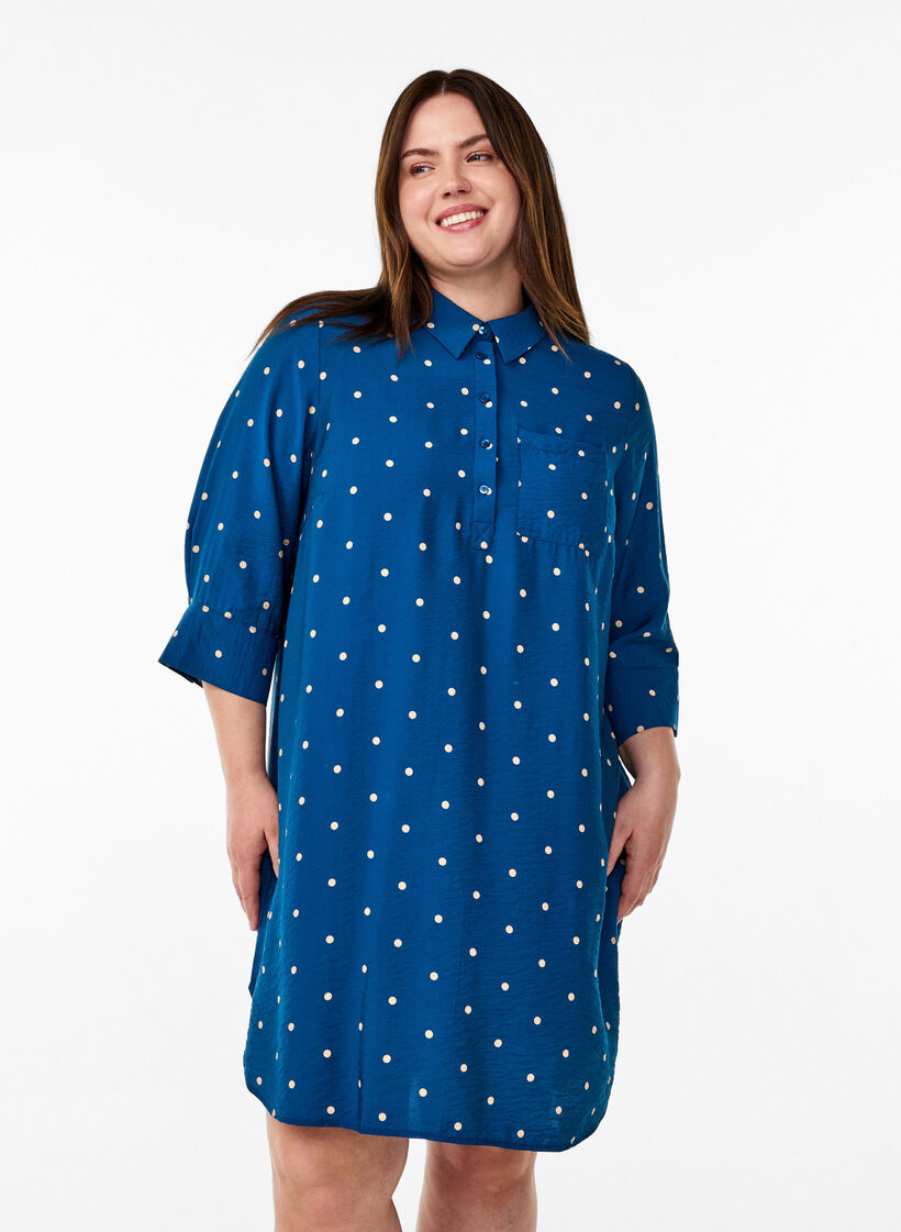Kleid mit Kragen und Brusttasche, Blau, Model image number 0