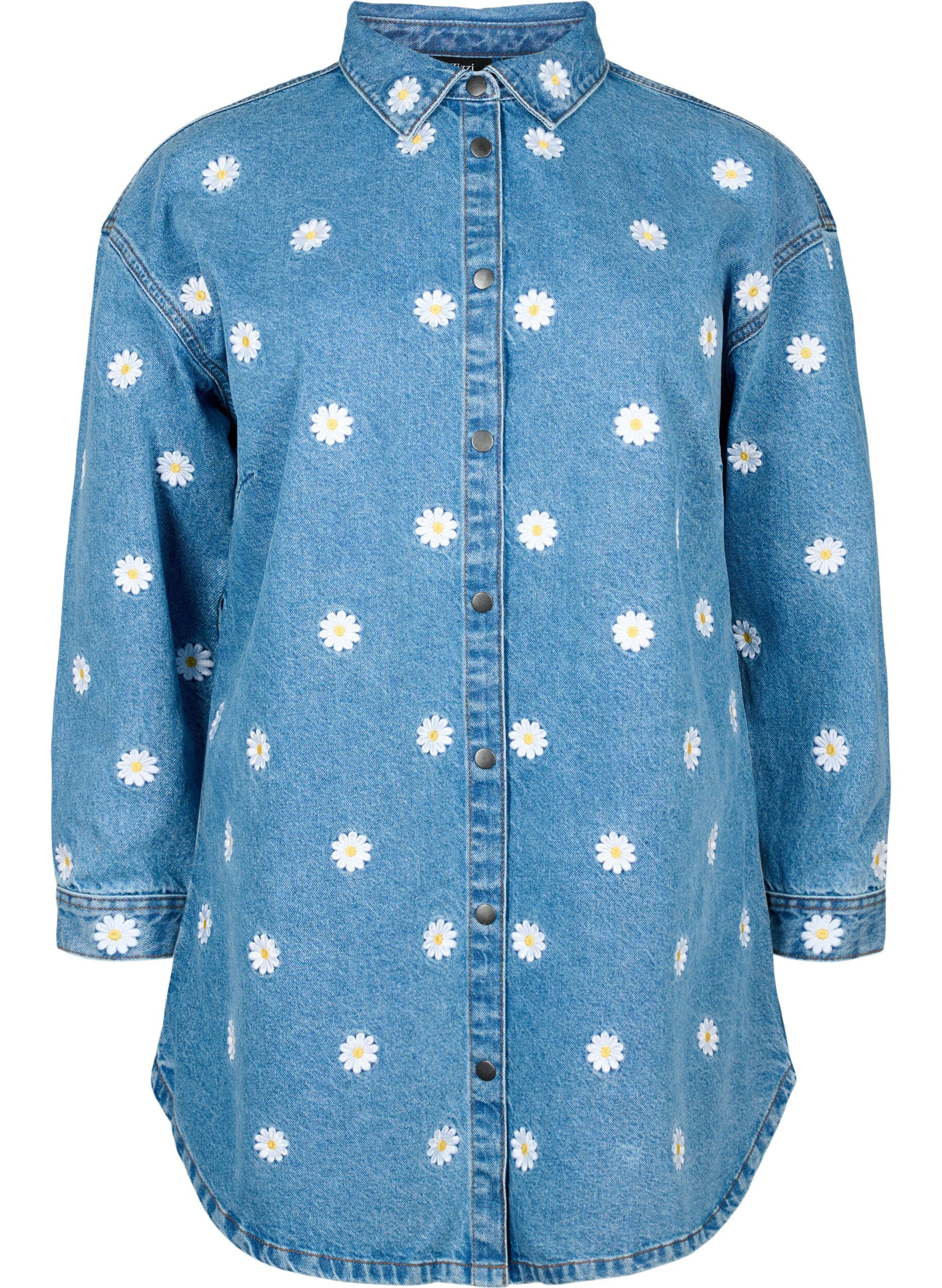 Zizzi Chemise en jean ample avec marguerites brod&eacute;es, L.B. Flower, Packshot image number 0