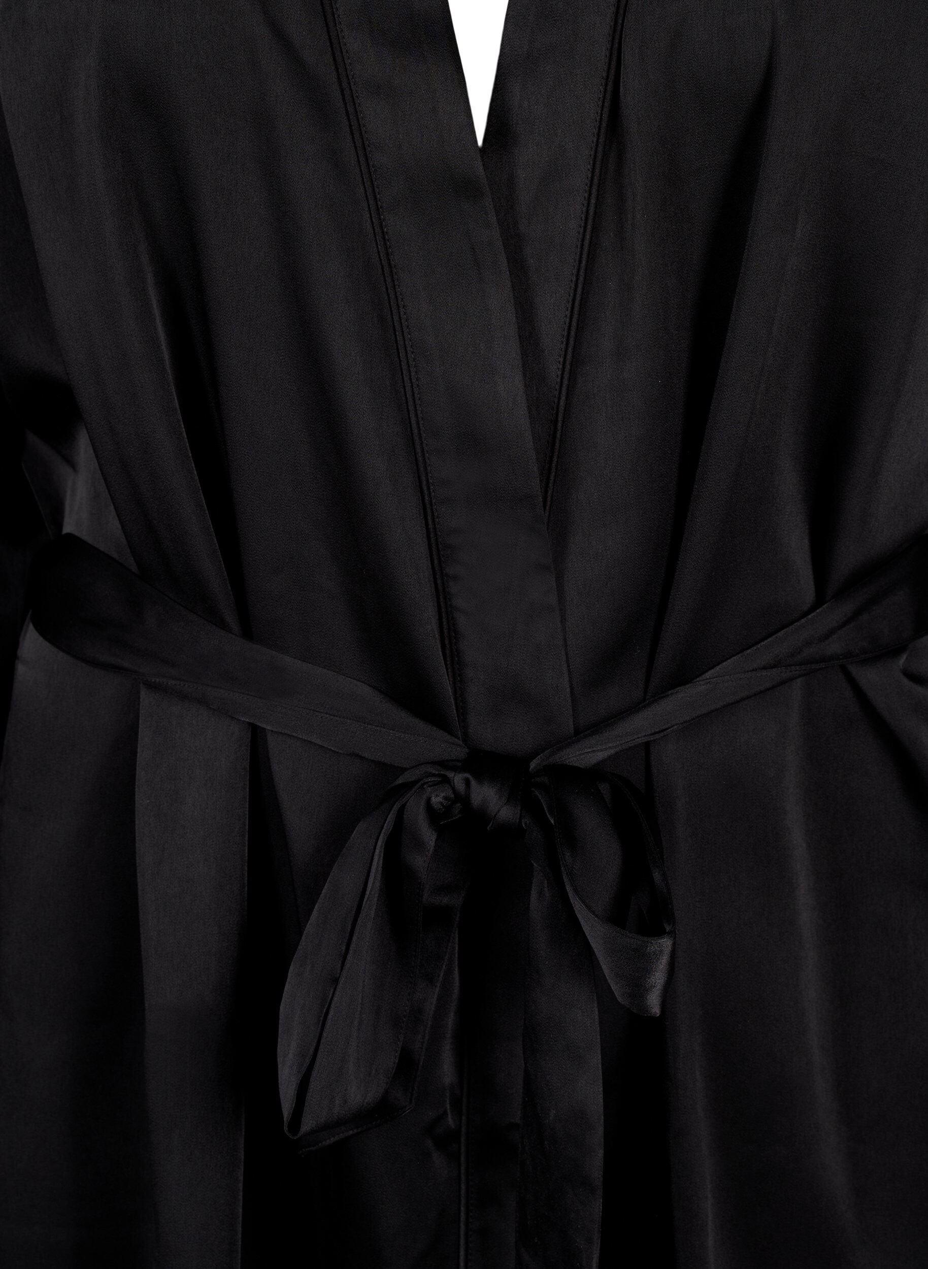 Zizzi Kimono en satin avec ceinture, Black, Packshot image number 2