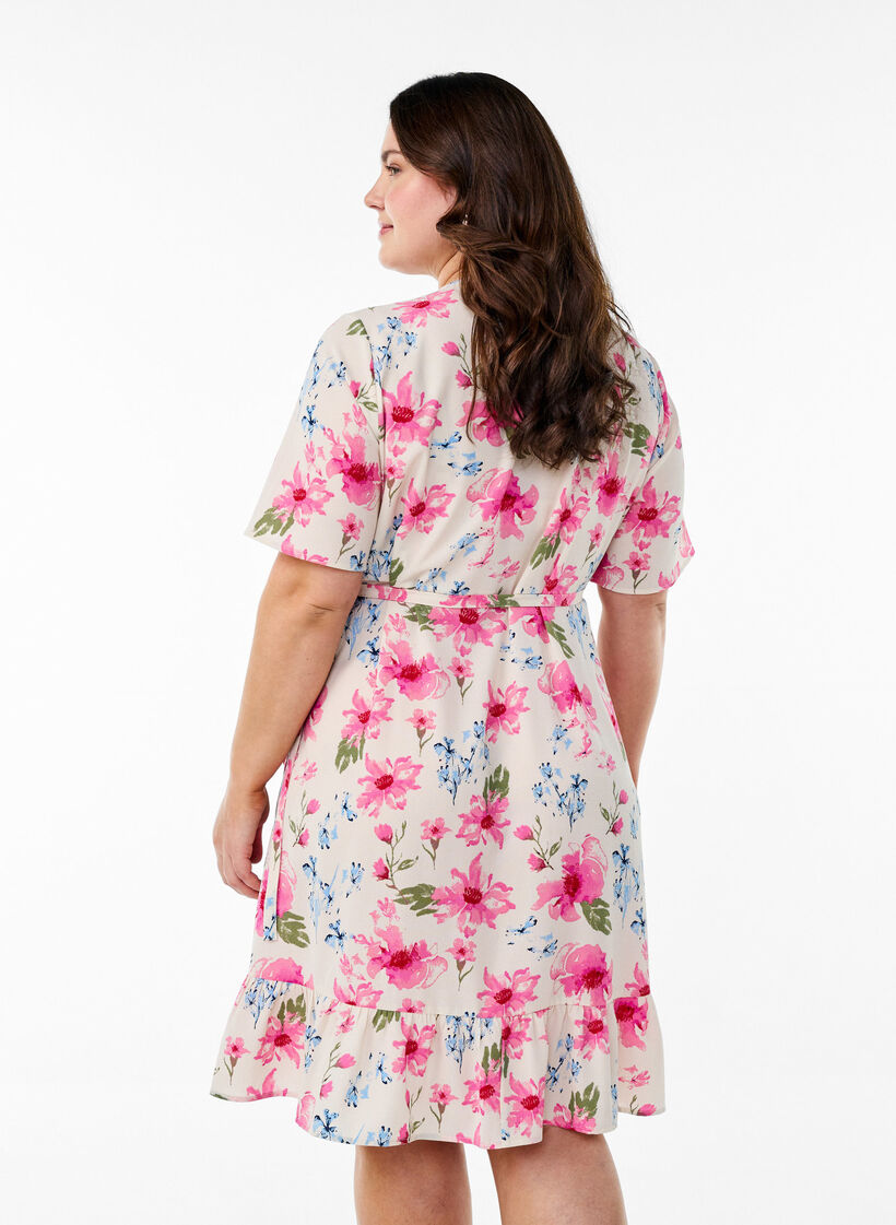 Robe portefeuille florale &agrave; manches courtes, Blanc, Model image number 2