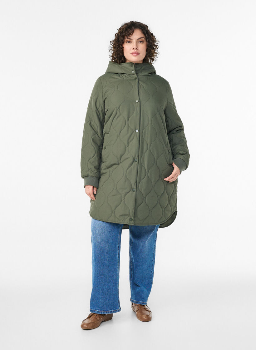 Mittellange Steppjacke mit Kapuze, Gr&uuml;n, Model image number 1