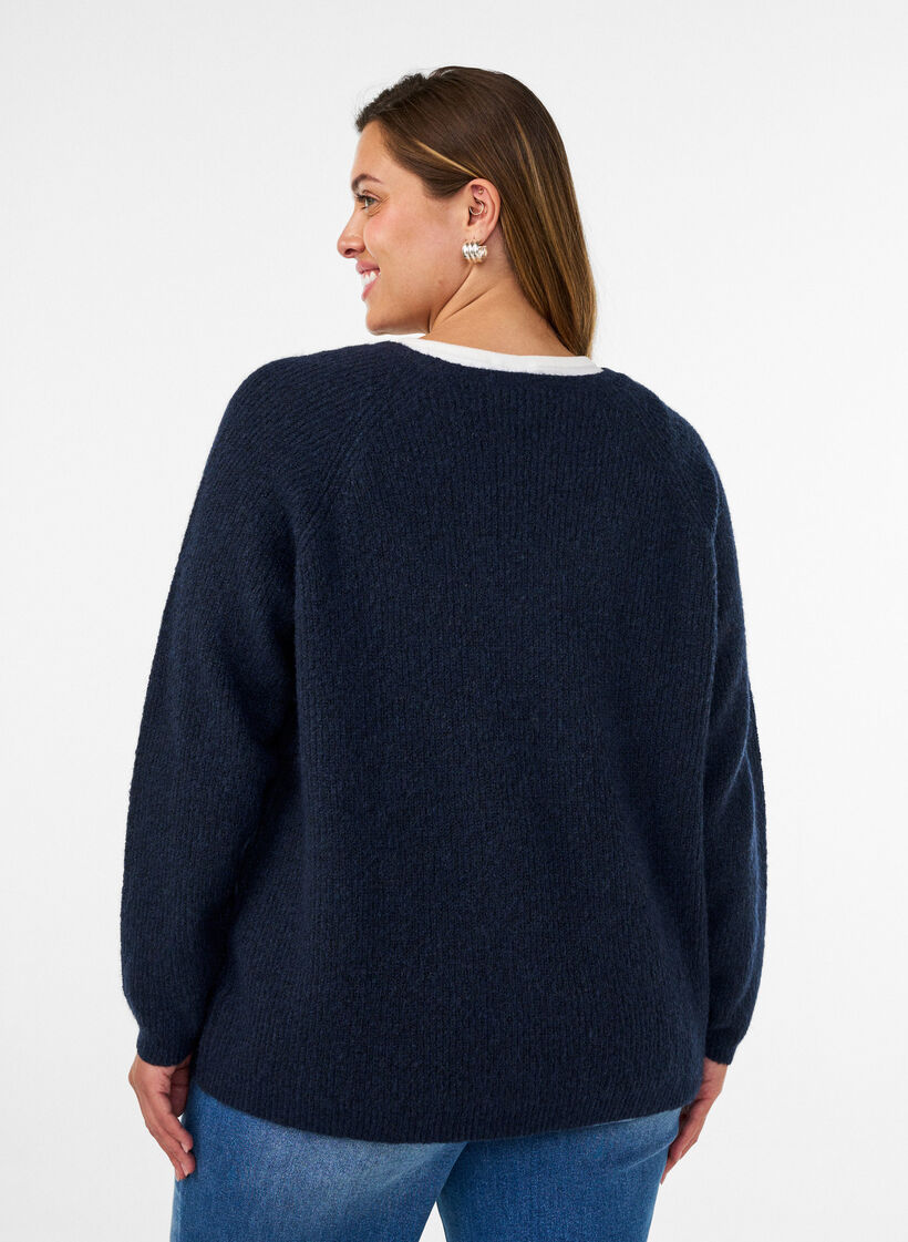 Strickbluse mit V-Ausschnitt und Raglan&auml;rmeln, Blau, Model image number 2