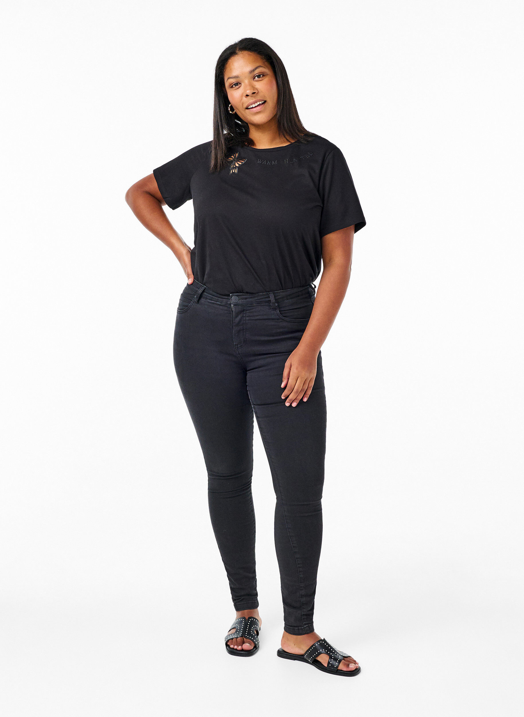 Zizzi T-shirt en coton biologique avec n&oelig;ud, Black, Model image number 2