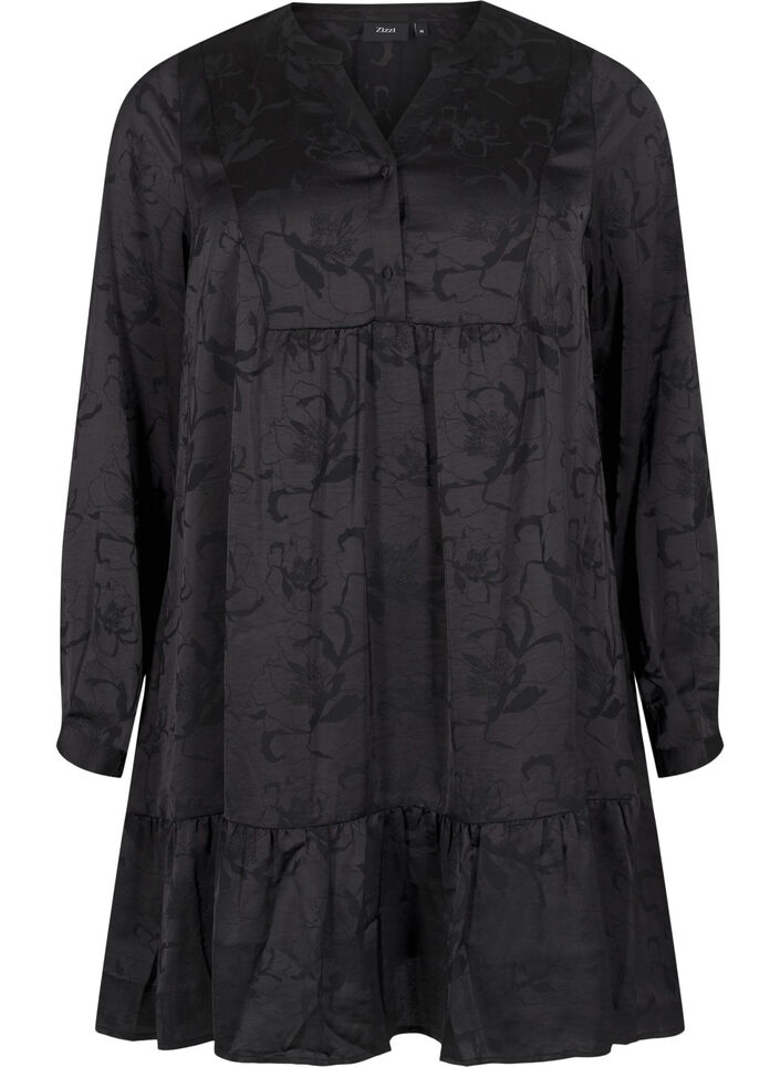 Petite robe en satin avec un motif ton sur ton, Black, Packshot image number 0